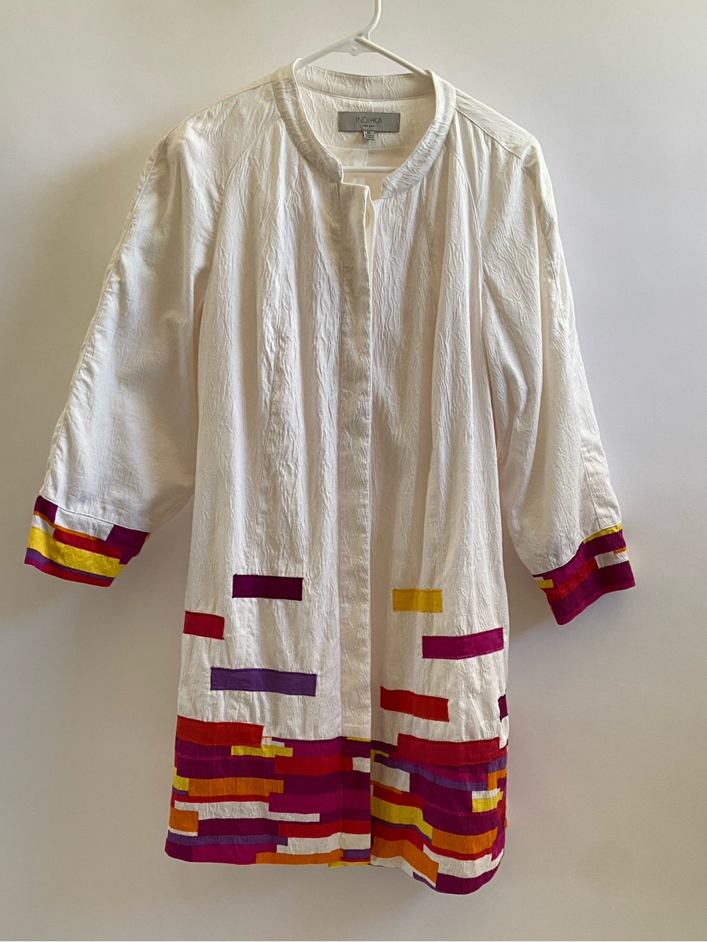 Indikka White Jacquard Color block Long Jacket